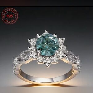 Sterling Silver Teal Floral Zirconia Halo Ring - 925 Silver